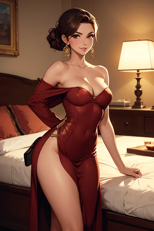 1girl, retro, toned, perfect breasts, fit body, perfect ass, hazel eyes, brown updo hair, seductive smile, luxury hotel room, standing, cowboy shot, rim light, vintage style, one-shoulder dress, stilettos