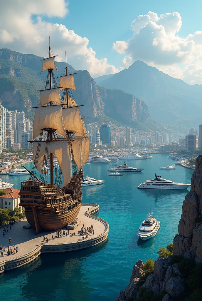 Large port city, full of docked ships and boats. Modern big city Monaco style, a large statue of a pirate ship on the city's waterfront.