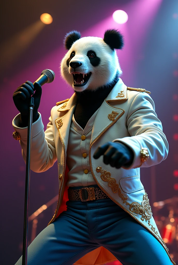 Help me with a semi-realistic image of singer Freddy Mercury but as a panda. His face as if he were singing. Characteristic clothing from one of his concerts, He was wearing vivid white and blue jeans. And always with a microphone in hand.