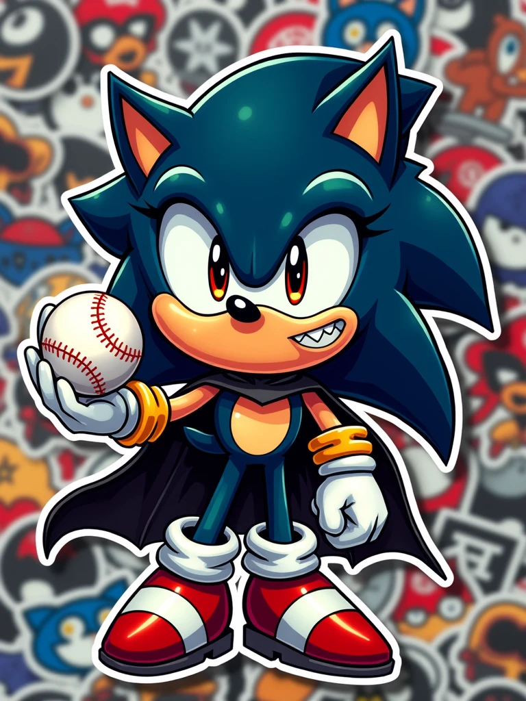 Cartoon-style ((4k UHD high detail, 4k RAW studio photography)) big (sticker) of a cute adorable smile (((Sonic-batman))) ((looking at the viewers)) ((vivid eyes)), (holding a ball baseball), ((Noir vibes)), complex background, stickers, More Detail