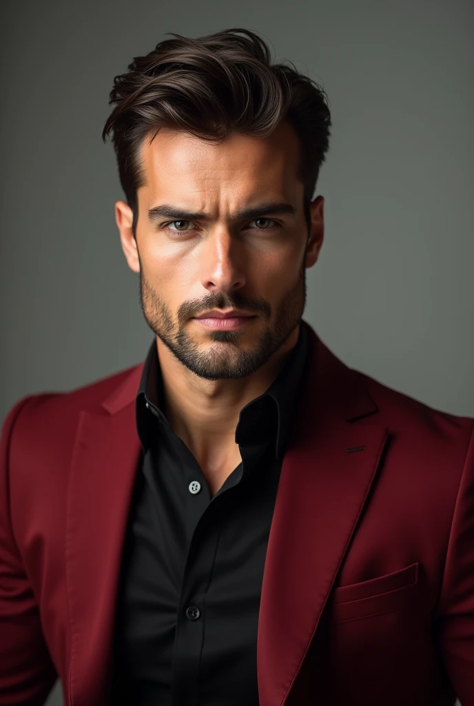 handsome man with a red blazer and black polo under shirt. Sexy