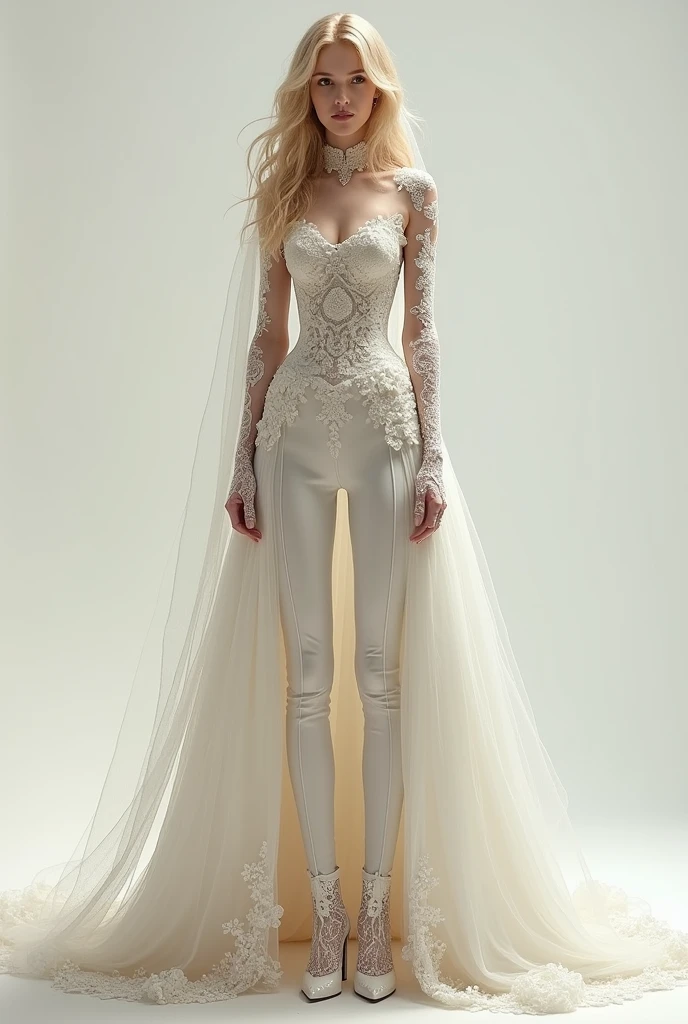 A drawing of a thin androgynous man, with blonde hair, Wedding dress. She wears a unique outfit that fuses a dress with tight pants.. The trousers are complemented by an impressive dress train that starts from the waist., with lots of tulle and fluffy, creating a majestic effect. while the top features a lace turtleneck, sleeveless, decorated with delicate ruffles and glassware details that add a touch of luxury. The outfit is completed with a bridal veil of more than five meters., mid-arm lace gloves.