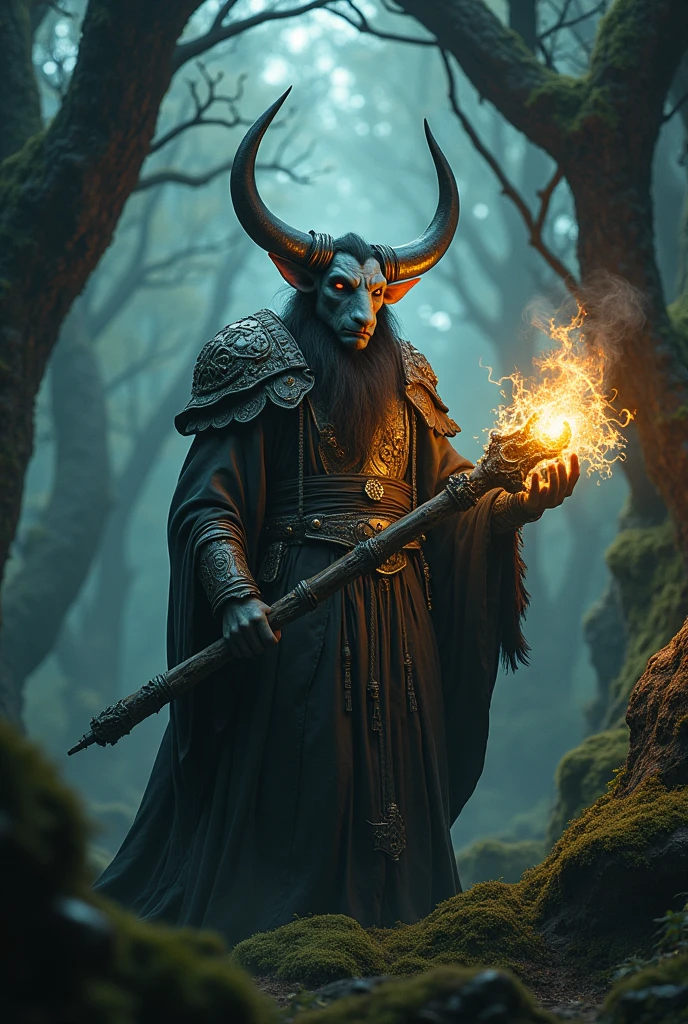 a magical elf wizard with a bull-like face, detailed facial features, intricate fantasy outfit, magical glowing staff, dark mystical forest background, dramatic lighting, cinematic angle, detailed textures, digital art, matte painting style