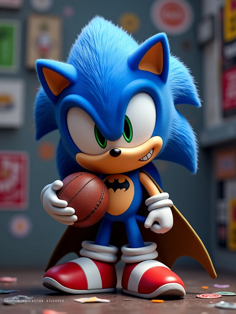 Cartoon-style ((4k UHD high detail, 4k RAW studio photography)) big (sticker) of a cute adorable smile (((Sonic-batman))) ((looking at the viewers)) ((vivid eyes)), (holding a ball football), ((Noir vibes)), complex background, stickers, More Detail