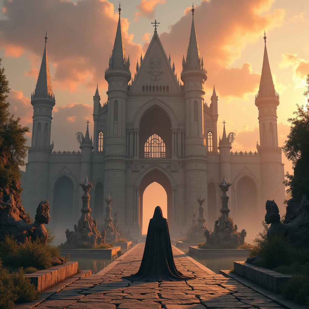 Make me an ultra realistic image. Make a medieval kingdom. It has several independent, pointed towers., and in these lands, there are statues of dragons that resemble gargoyles. In this realm, there is a castle in the center, which stands out for having a large statue of a hooded woman. Several fountains and lava lakes. sunset.