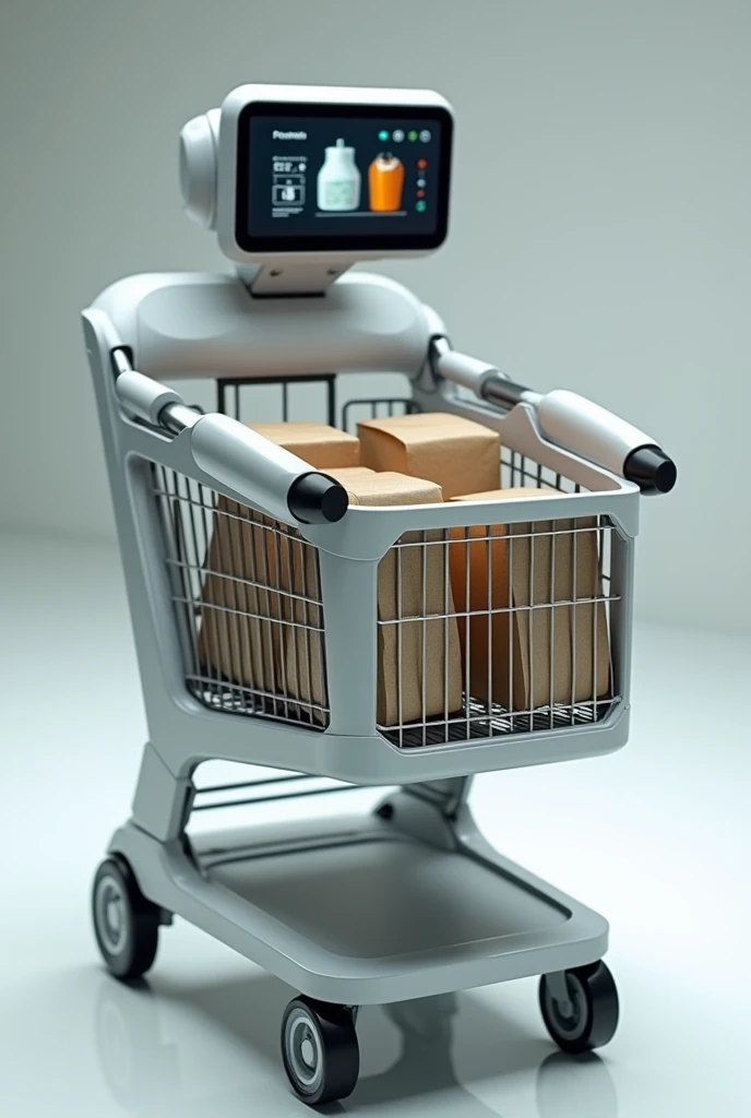 2-tier shopping cart with a small screen, two claws that grabs the products you put on the screen and bags the products