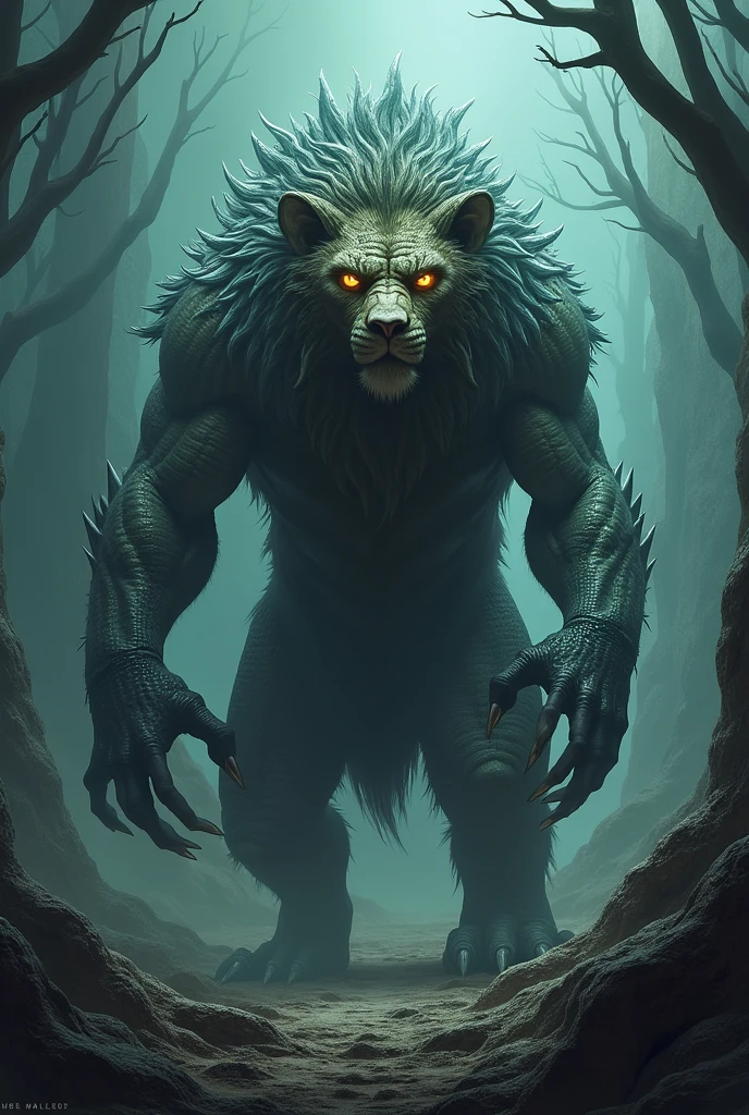 "Design a lion and Komodo dragon fusion with glowing eyes and intertwined scales and fur, exuding raw, terrifying power."