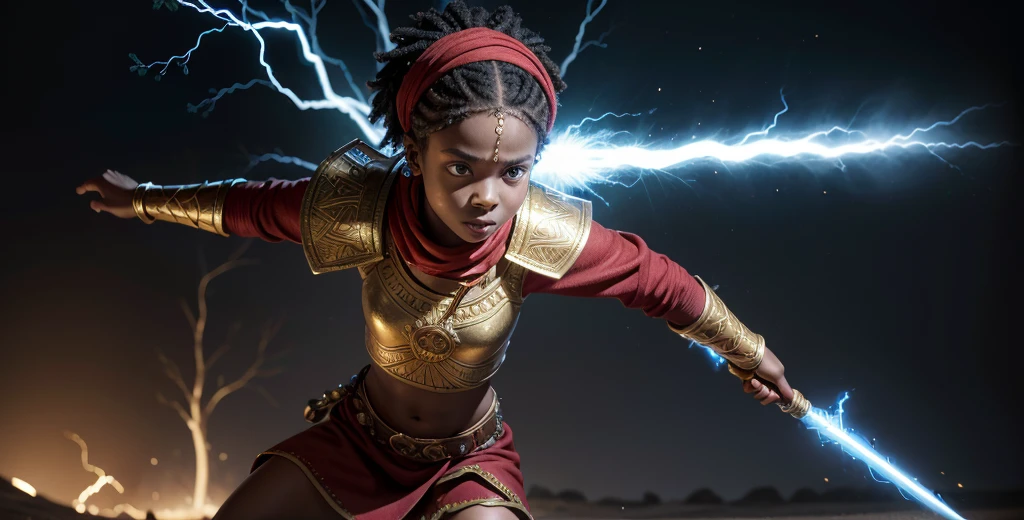 Pixar 3d Create an illustration of a young African child warrior with a powerful, confident stance. The child should have dark skin, wearing traditional African-inspired attire, including a red headscarf and a matching red tunic with golden accents. The warrior is holding a magical staff that emits bright blue lightning. The background should be simple, focusing attention on the child and the glowing blue energy surrounding the staff