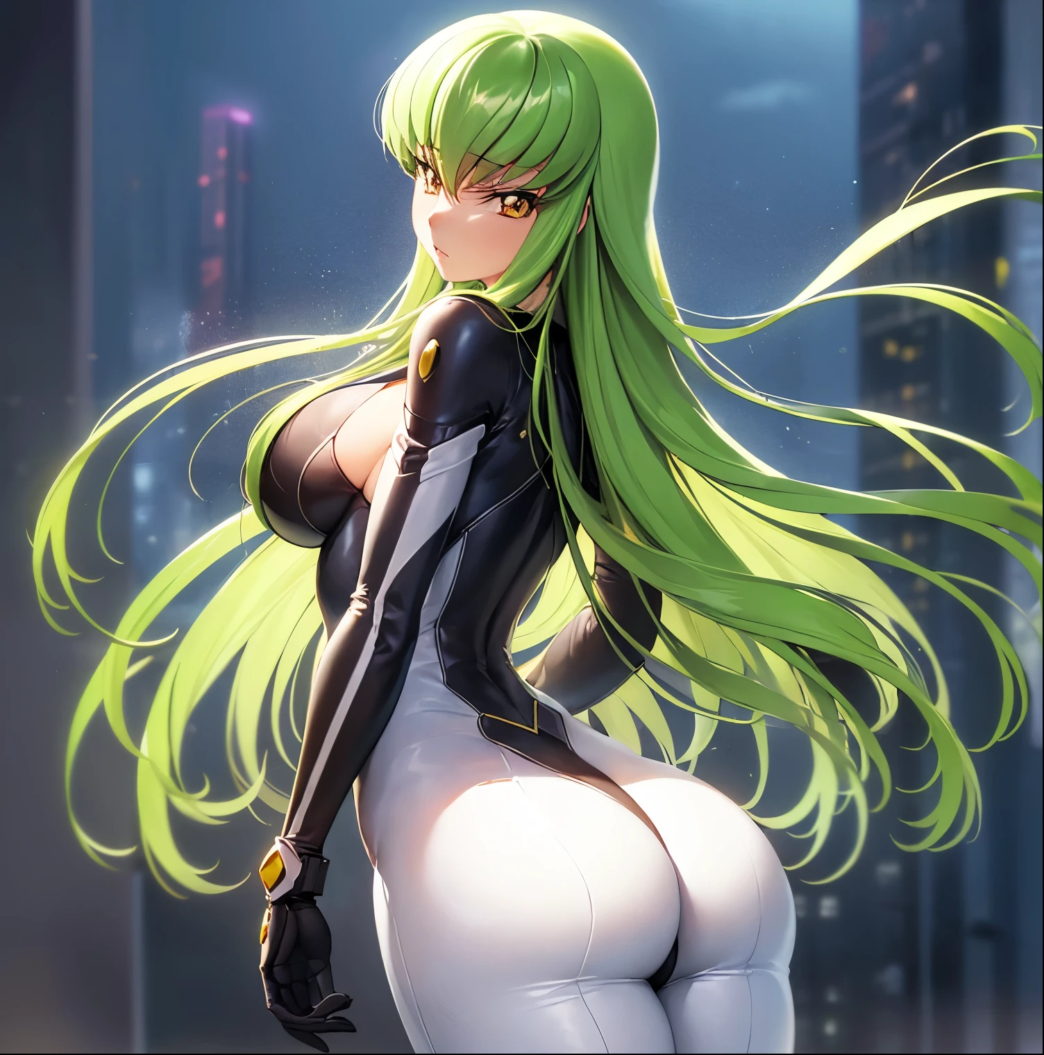 ((1girl)),((alone)),C.C., ( Code Geass),(masterpiece), (best quality), (ultra detailed), (best illustration), (best shadow), (absurdities), sharp focus , cowboy shot, atmospheric perspective, depth of field, dynamic posture, ((looking at viewer)), medium breasts, narrow waist, wide hips, wide thighs, round butt, erotic, romantic, (very detailed eyes, lips 1.1) , very detailed eyes, eyes, Very detailed face, Very beautiful face, Symmetrical face, Aesthetic face, perfect face, perfect eyes, detailed eyelashes: 1.5), full height, beautiful slim figure, femininity, expressive appearance, elastic medium breasts, sexuality ,parted lips,orange eyes, long hair, green hair, (white cyber suit: 1.1), tight suit, (simple body suit), elegant body, naked body, white gloves, earrings, cyberpunk oppai, biomechanical oppai, hand, holding hip,\(code geass\),curves, defined body,Perfect and beautiful body, perfect and beautiful, closed mouth, expressionless, frowning, blushing,(sexy pose: 1.2), ((only)), standing: 1.4,((exterior, cybeppunk landscape, cityscape, cybeppunk city, neon lights, night, city lights)), Looking back, from behind, ((centered on ass: 1.4)), standing point view: (from middle), perfect anatomy, perfect hands