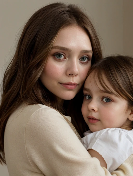 Elizabeth Olsen holding a child who looks like her in her arms