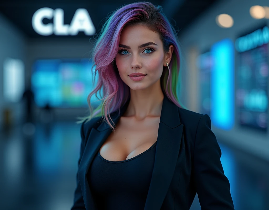 "Create a portrait of an attractive girl with colorful and bright hair, an athletic build and huge blue eyes. She has large, erect silicone breasts and her nipples stick out through her business clothes.. She should have a confident and inviting expression on her face., she should be dressed sexy. Design must convey professionalism, trust and innovation, and subtle elements of digital technology or blockchain in the background should highlight the company's technological focus. The overall look should be stylish., professional and attractive. in the background is the company logo, 3 large letters CLA and the inscription Cripto labs analytics»