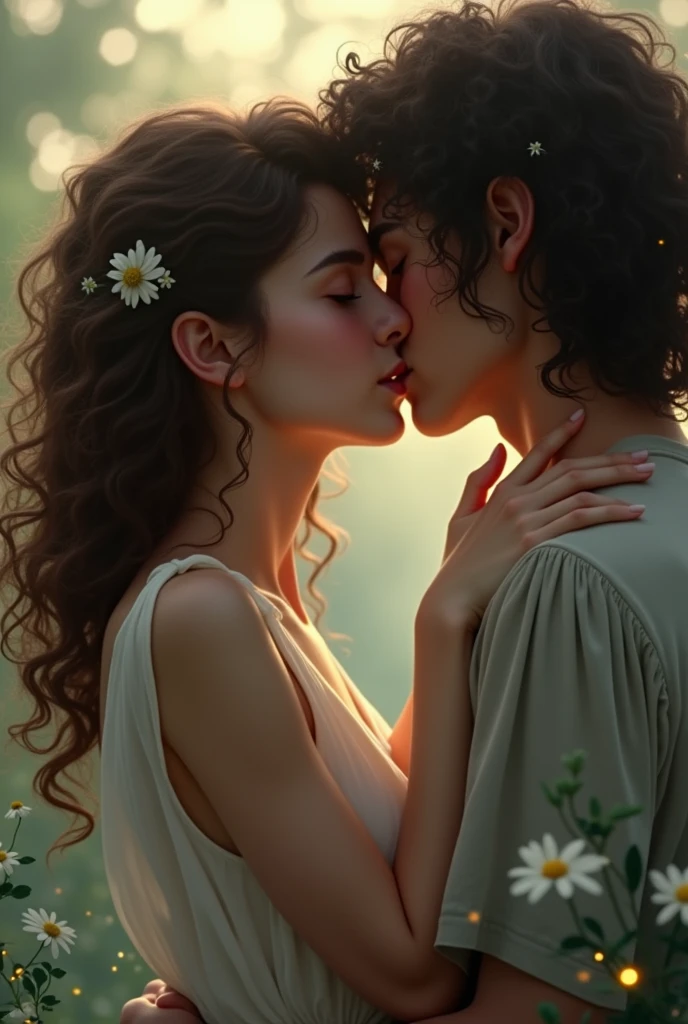 white girl with very curly brown hair kissing a