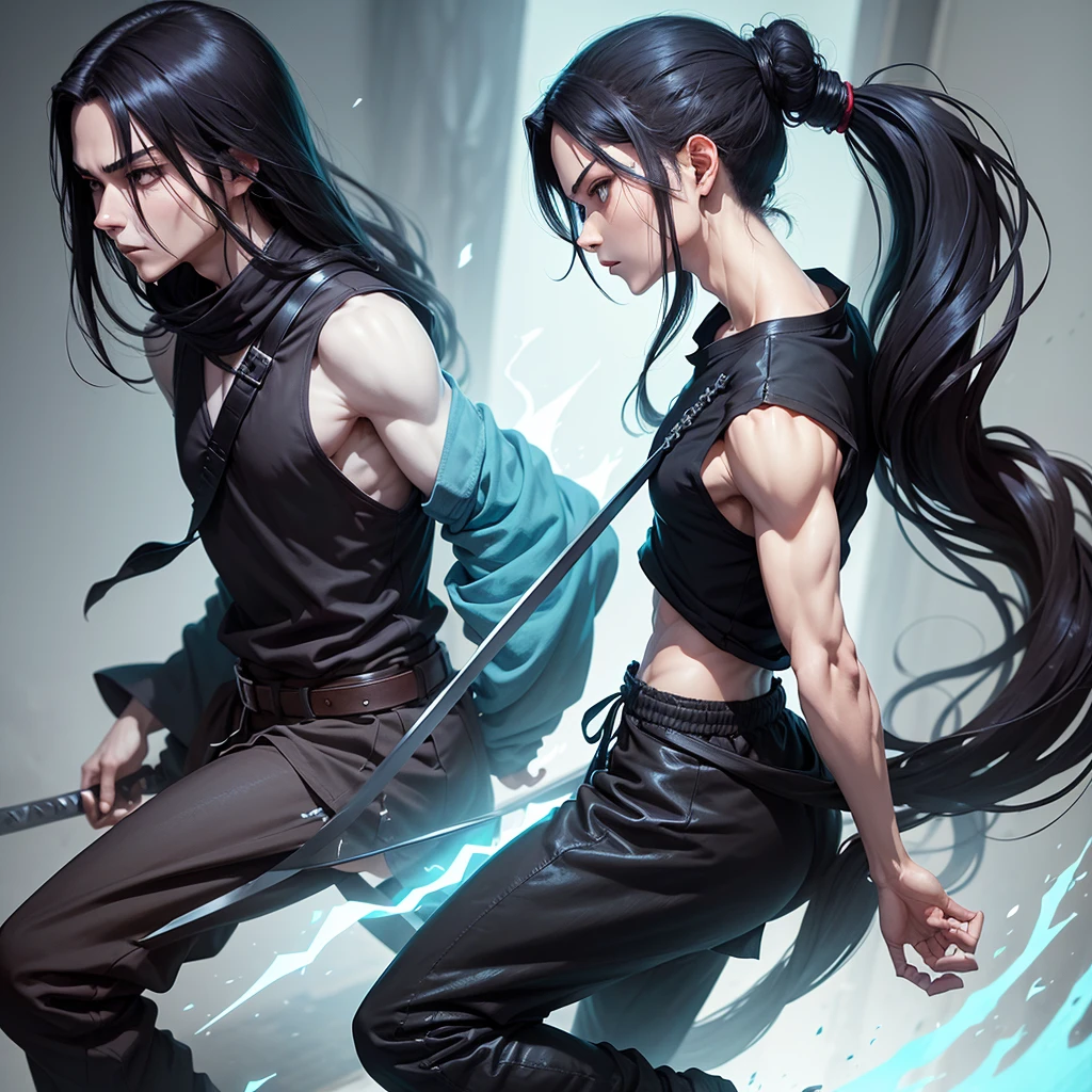 Swordsman, long black hair tied in a ponytail, dressed in baggy black pants, a short, old, pale blue tunic with the right arm part broken. Anime style