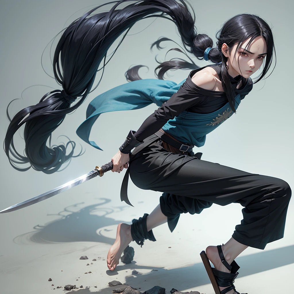 Swordsman, long black hair tied in a ponytail, dressed in baggy black pants, a short, old, pale blue tunic with the right arm part broken. Anime style