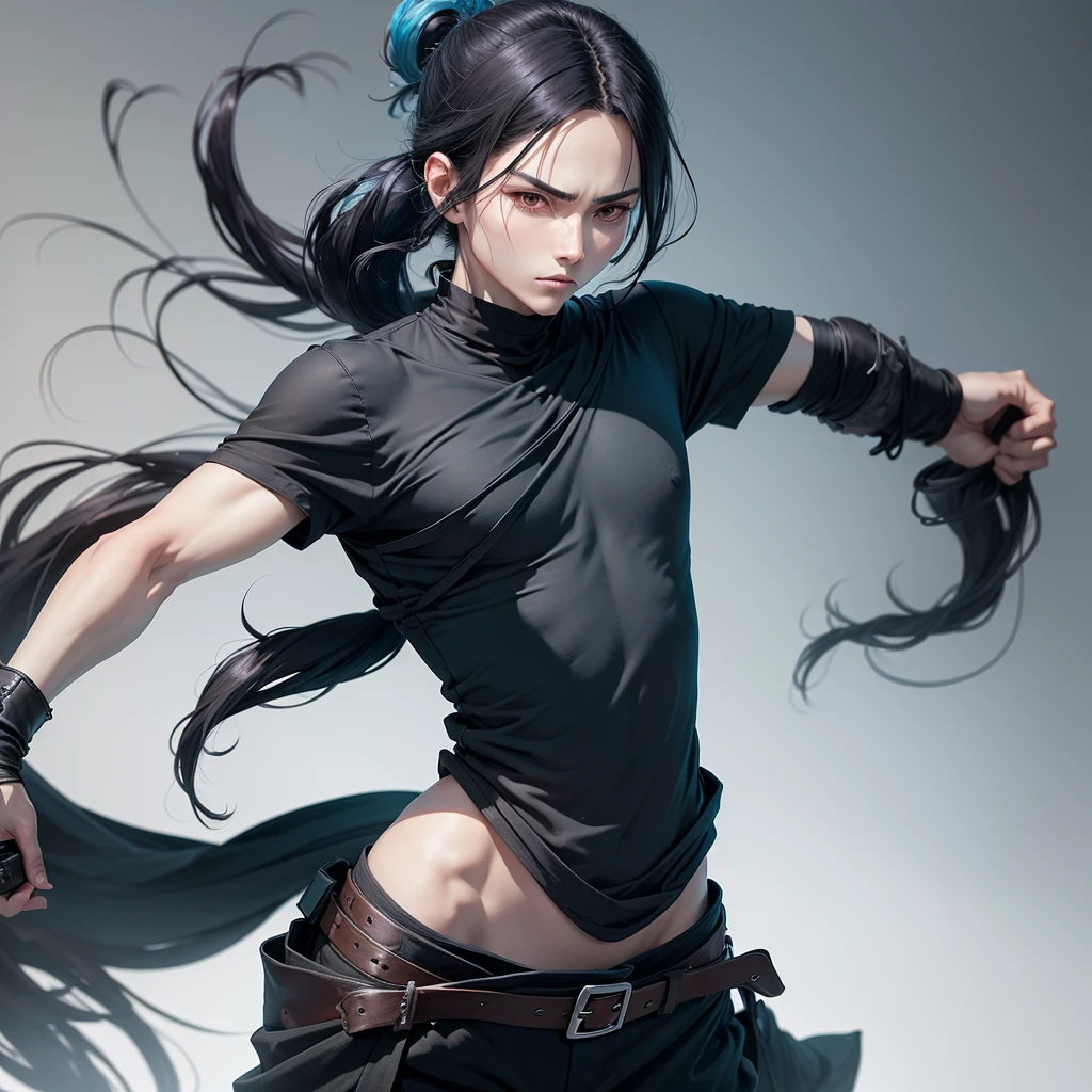 Swordsman, long black hair tied in a ponytail, dressed in baggy black pants, a short, old, pale blue tunic with the right arm part broken. Anime style