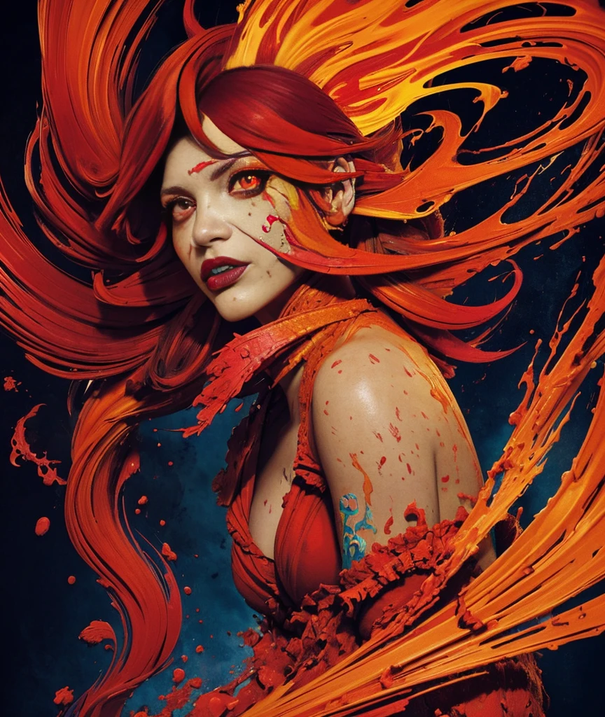 (fauvism art:1.2), (style of Alberto Seveso:1.4), woman with flaming body and a fierce expression, (hateful expression:1), sparking fire red eyes, hell, nobody can flee, dark lava theme, colorful, visually stunning, beautiful, gorgeous, emotional, intricate, perferct shading