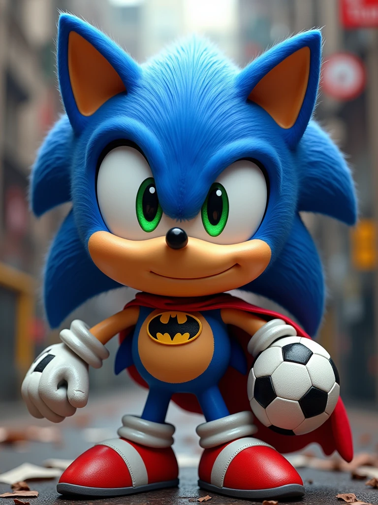 Cartoon-style ((4k UHD high detail, 4k RAW studio photography)) big (sticker) of a cute adorable smile (((Sonic-batman))) ((looking at the viewers)) ((vivid eyes)), (holding a ball soccer), ((Noir vibes)), complex background, stickers, More Detail