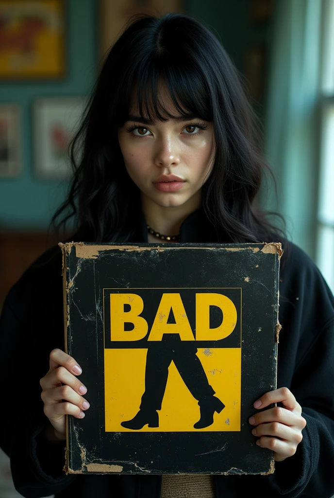 Billie Eilish holding Michael Jackson&#39;s Bad album 

