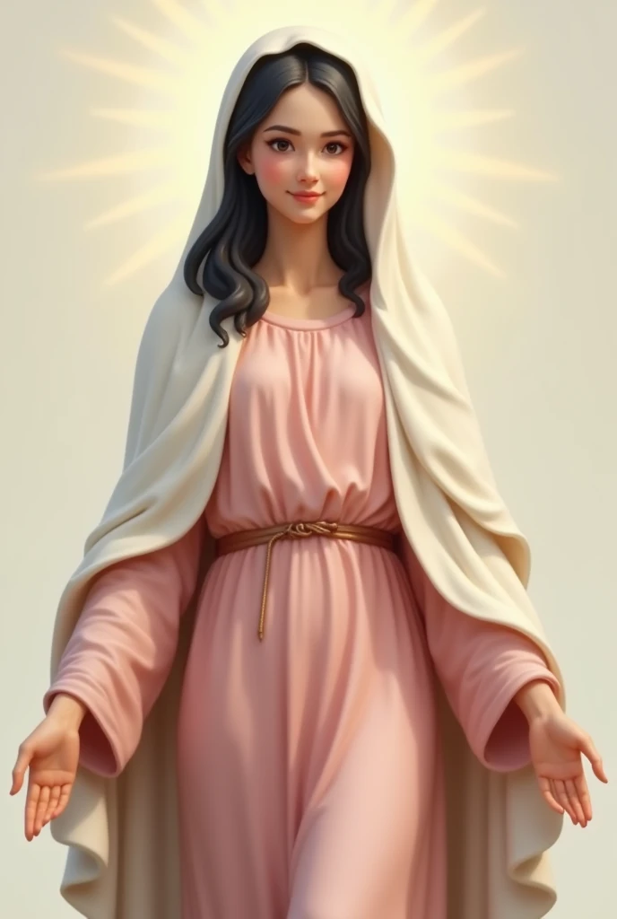 Virgin Mary smiling, with open arms, very light pink tunic and white cloak from his head , black hair and black eyes
