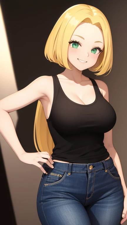 1girl, yellow hair, green eyes, smiling, black tank top, blue jeans, medium breast, looking at vewers, flipped hair hairstyle, The Retro Hair Flip Trend, masterpiece, 8k, 16, 32k, shiny skin, UHD frekles on her skin, bootcut, cleavage, HDR, 4K, 8K, High quality, Ultra high quality, big forehead, cowboy shot,