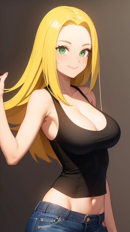1girl, yellow hair, green eyes, smiling, black tank top, blue jeans, medium breast, looking at vewers, flipped hair hairstyle, The Retro Hair Flip Trend, masterpiece, 8k, 16, 32k, shiny skin, UHD frekles on her skin, bootcut, cleavage, HDR, 4K, 8K, High quality, Ultra high quality, big forehead, cowboy shot,
