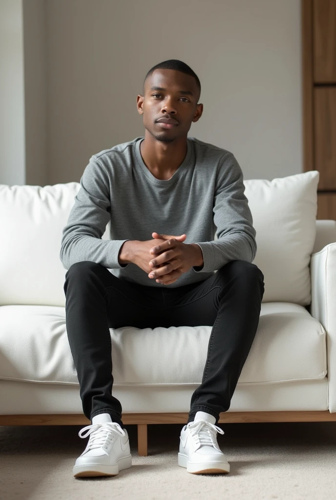 best qualityer:1.4), (ultra high resolution:1.2), (photorrealistic:1.4), (8k, CRU photo:1.2), a thin young man of 20 years old, skin black, with a smooth, beardless face, buzzcut haircut short on sides and top, is wearing black jeans. Gray long sleeve shirt. white Nike sneakers. He is sitting on a white sofa in a living room. Corte de cabelo buzzcut