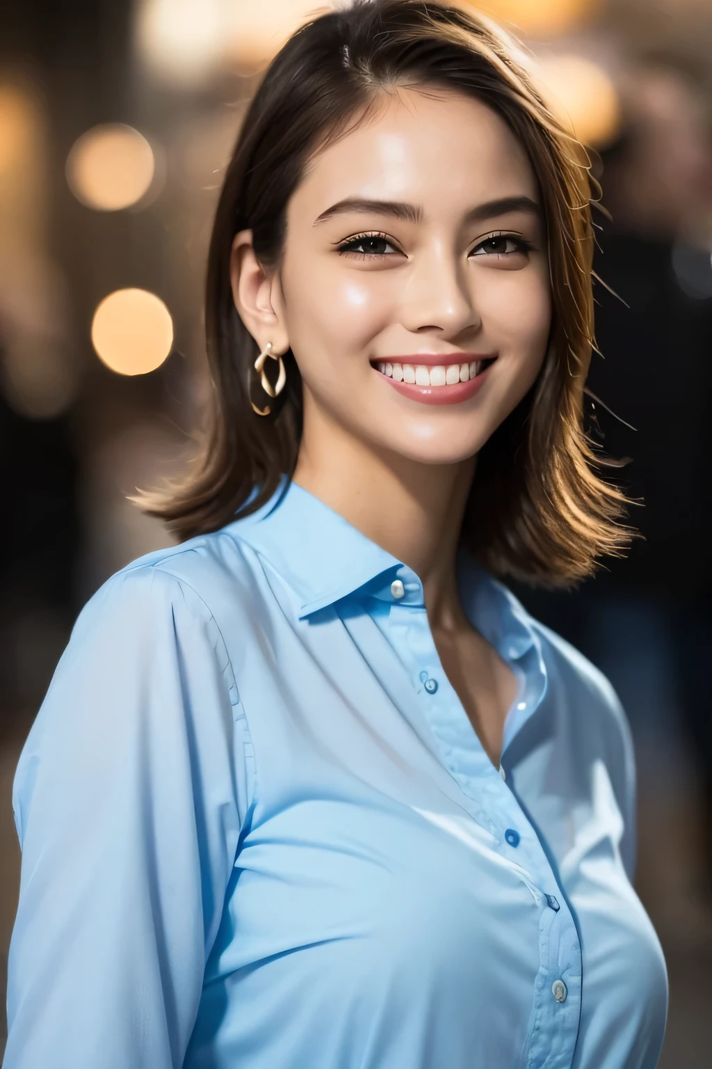 One girl,(Wearing a blue blouse:1.2),(RAW Photos, Highest quality), (Realistic, photo-Realistic:1.4), masterpiece, Very delicate and beautiful, Very detailed, 2k wallpaper, wonderful, In detail, Very detailed CG unity 8k wallpaper, Very detailed, High resolution, Soft Light, Beautiful detailed, Very detailed eyes and face, Beautifully detailed nose, Beautiful attention to detail,Cinema Lighting,City lights at night,Perfect Anatomy,Slender body,smile  