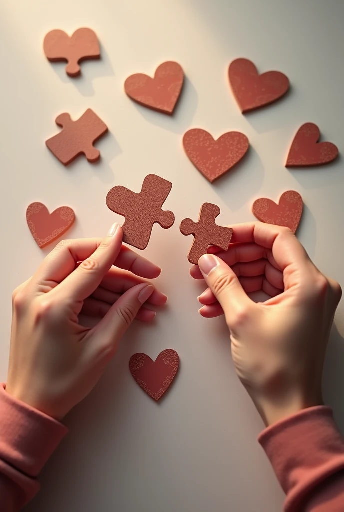 Create a picture of two hands by completing a puzzle with the missing heart-shaped pieces.