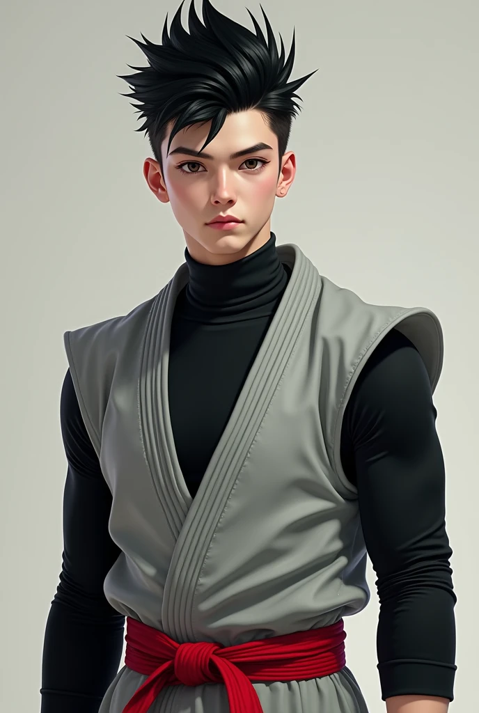 20 year old boy with pale white skin
Pale white skin
Black spiked hair
European nordic features
Good body Wearing a tight black shirt Long sleeves , over it a grey karate suit sleeveless, and red belt
Realistic