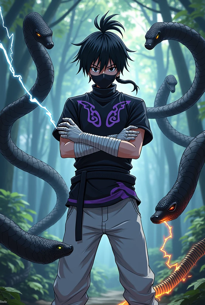 Young character of 2 anime man with black hair with a ponytail and black eyes serious with a black shirt with purple stripes with snakes, white pants, lightning katana and fire hand and in a forest with bandages on his hands with 6 black and white snakes with crossed arms and a black mask