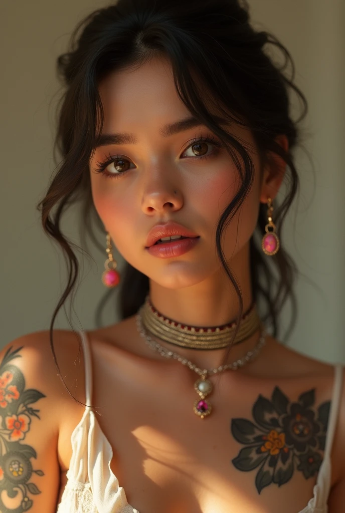 realistic, A high resolution, soft lighting,a 1 woman, alone, hip-up, shiny skin, (Detailed face), jewely, Tattooed with