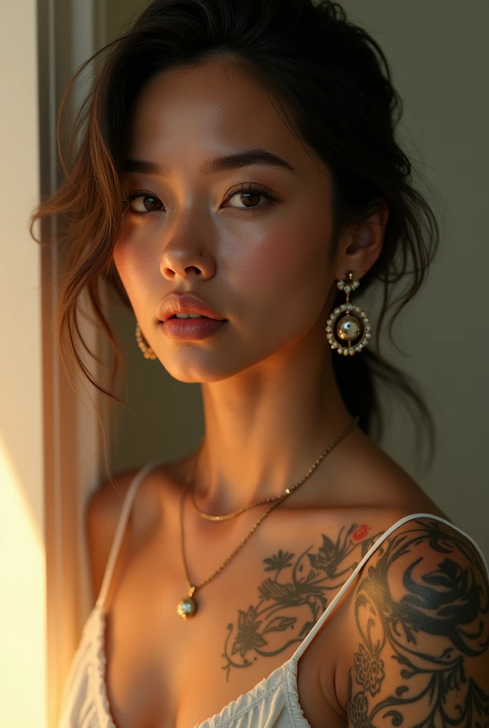 realistic, A high resolution, soft lighting,a 1 woman, alone, hip-up, shiny skin, (Detailed face), jewely, Tattooed with