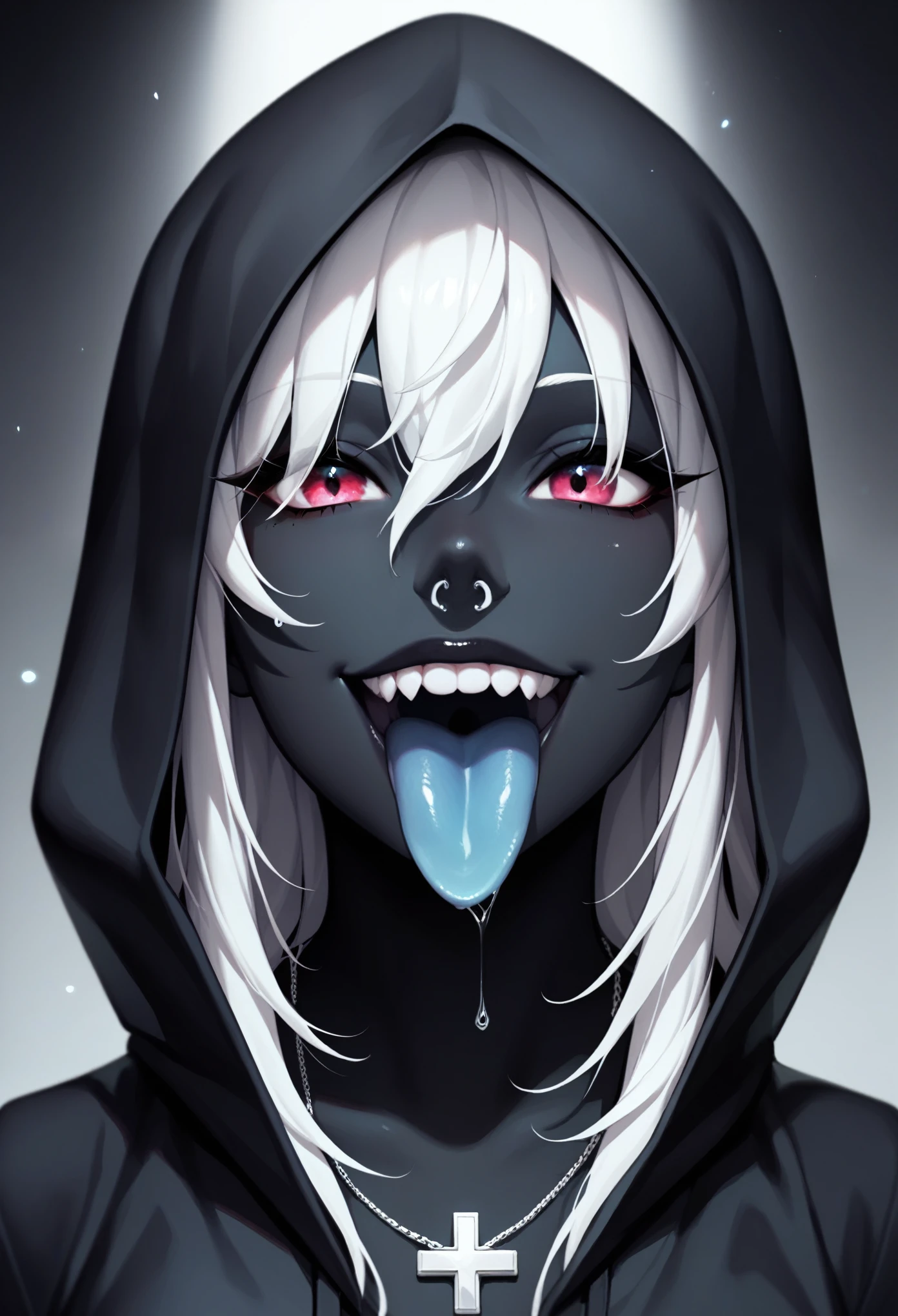 Close-up portrait of a young woman with a rebellious and defiant expression. His face is in the foreground, softly and dimly lit, highlighting her light skin. He wears a black hood that covers most of his head., leaving only his mouth and tongue visible. About the hood, A white cross stands out at the top, contrasting with the dark fabric. the woman has her mouth open, showing a wide, provocative smile while sticking her tongue out, creating a bold and defiant effect. The light is subtle, with soft shadows that add a dramatic touch to the face and hood. The style is hyperrealistic, capturing the details of the fabric texture, Shiny teeth and wet tongue,The hood covers his eyes and nose,only the mouth visible