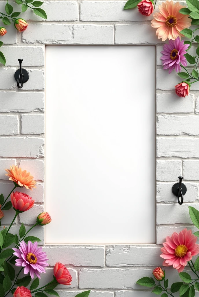 white brick wall with hooks on the sides and flowers