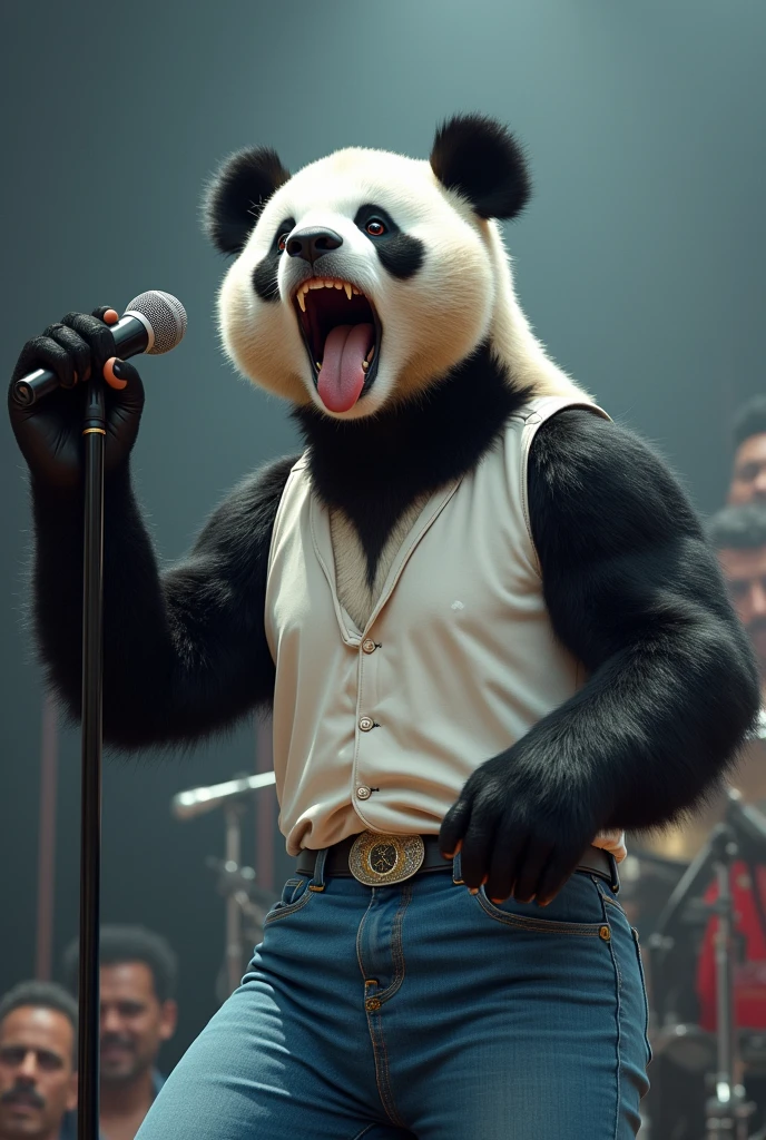 Help me with a semi-realistic image of singer Freddy Mercury but as a panda. His face as if he were singing. Characteristic clothing from one of his concerts, He was wearing a simple white Vividi and blue jeans, His clothes were simple, not ostentatious. And always with a microphone in hand.
