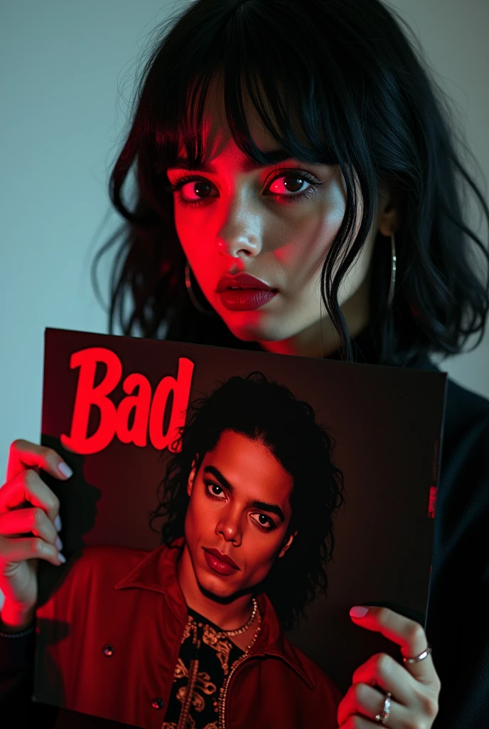 Singer Billie Eilish holding the Bad album by singer and dancer Michael Jackson 

