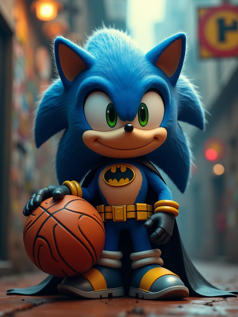 Cartoon-style ((4k UHD high detail, 4k RAW studio photography)) big (sticker) of a cute adorable smile (((Sonic-batman))) ((looking at the viewers)) ((vivid eyes)), (holding a ball basketball), ((Noir vibes)), complex background, stickers, More Detail