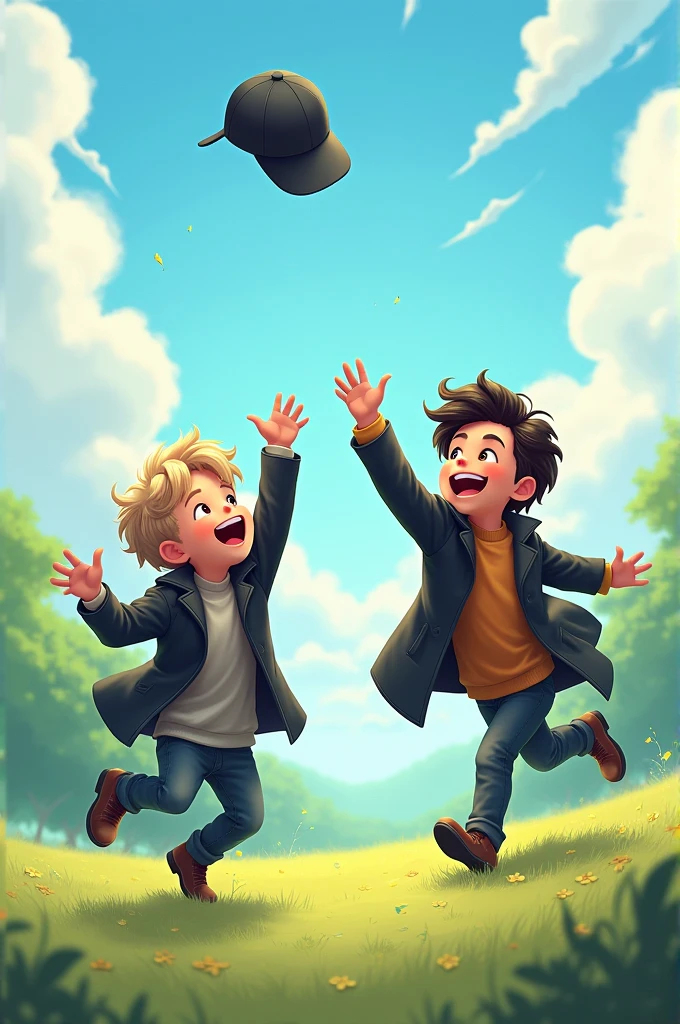 A 2 boy wearing a black coat is hrowing his cap at the sky.