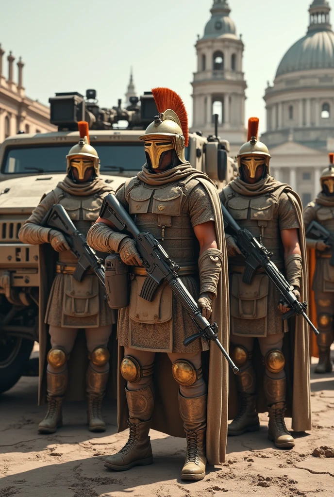 image of the roman army in the 21st century mix the armor of the roman soldier with a camouflage helmet with the beige crest modern tactical vest camouflage uniform characteristic of the 21st century military boot camouflage greaves in the roman style with camouflage cloak with a rifle and others with a new version of the military shield next to a roman military vehicle with the church of rome in the background