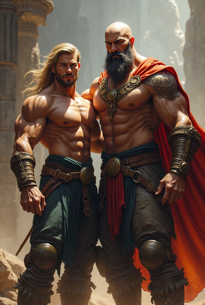 A father and son are mighty muscle wizards. The father is in his 40s, bald with a black beard. The son in his 20s, clean shaven with blond hair. They are absolute muscle