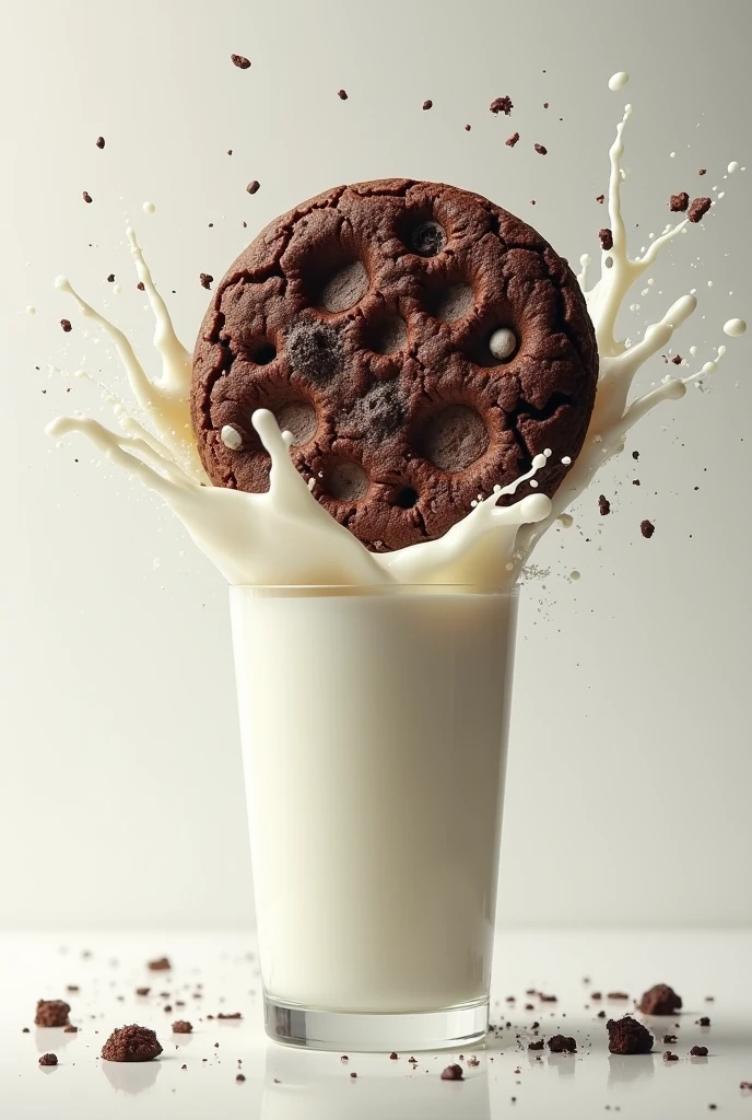 A glass of milk exploding because it is submerged by a giant chocolate cookie