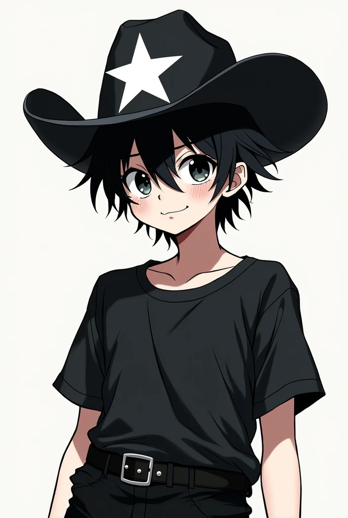 A white-skinned anime-type boy with messy black hair and bangs, with a black cowboy hat, This hat has a white star in the middle, a black shirt and black pants.