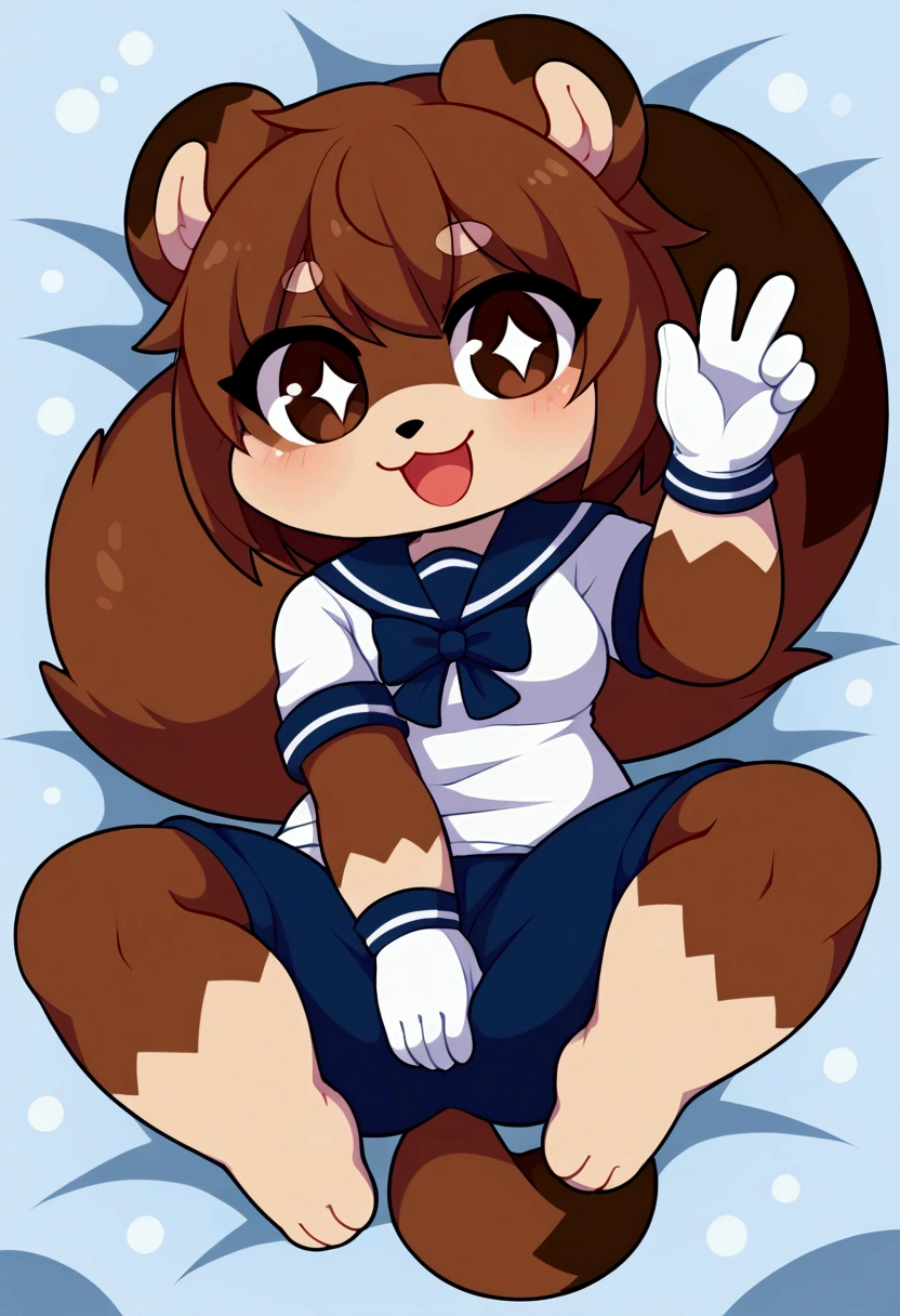 girl, tanuki, furry, bodyfur, tail, sailor suit, short sleeves, jersey pants, long pants, white gloves, barefoot, chibi, sparkling eyes, happy, full body, hand between legs, snow, spread legs