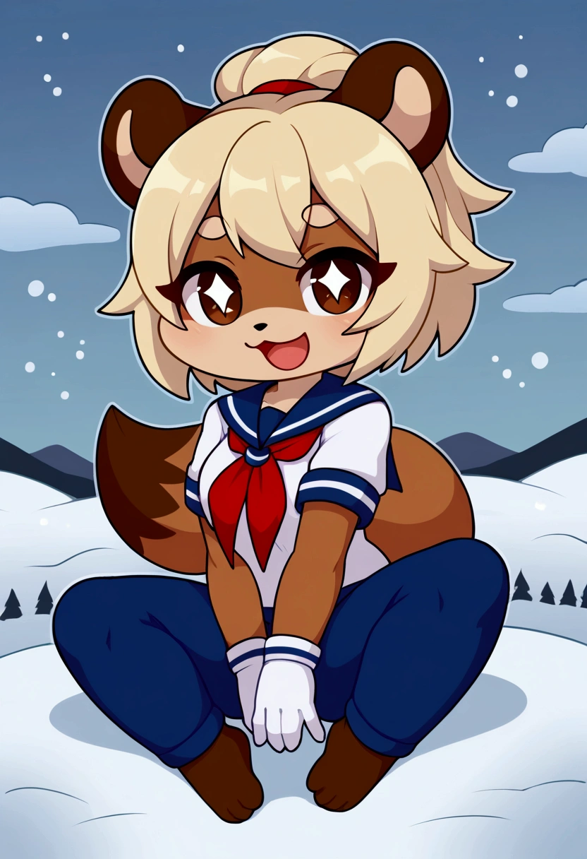 girl, tanuki, furry, bodyfur, tail, sailor suit, short sleeves, jersey pants, long pants, white gloves, barefoot, chibi, sparkling eyes, happy, full body, hand between legs, snow, spread legs