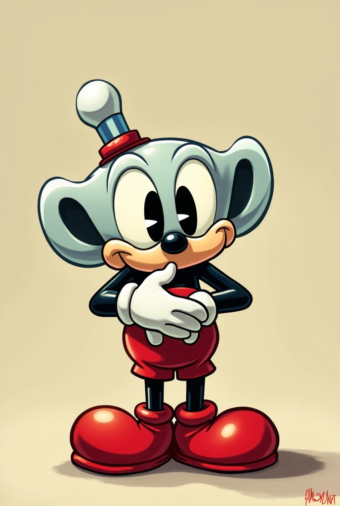 Cuphead hugging own legs looking at the viewer with his shoes and gloves on