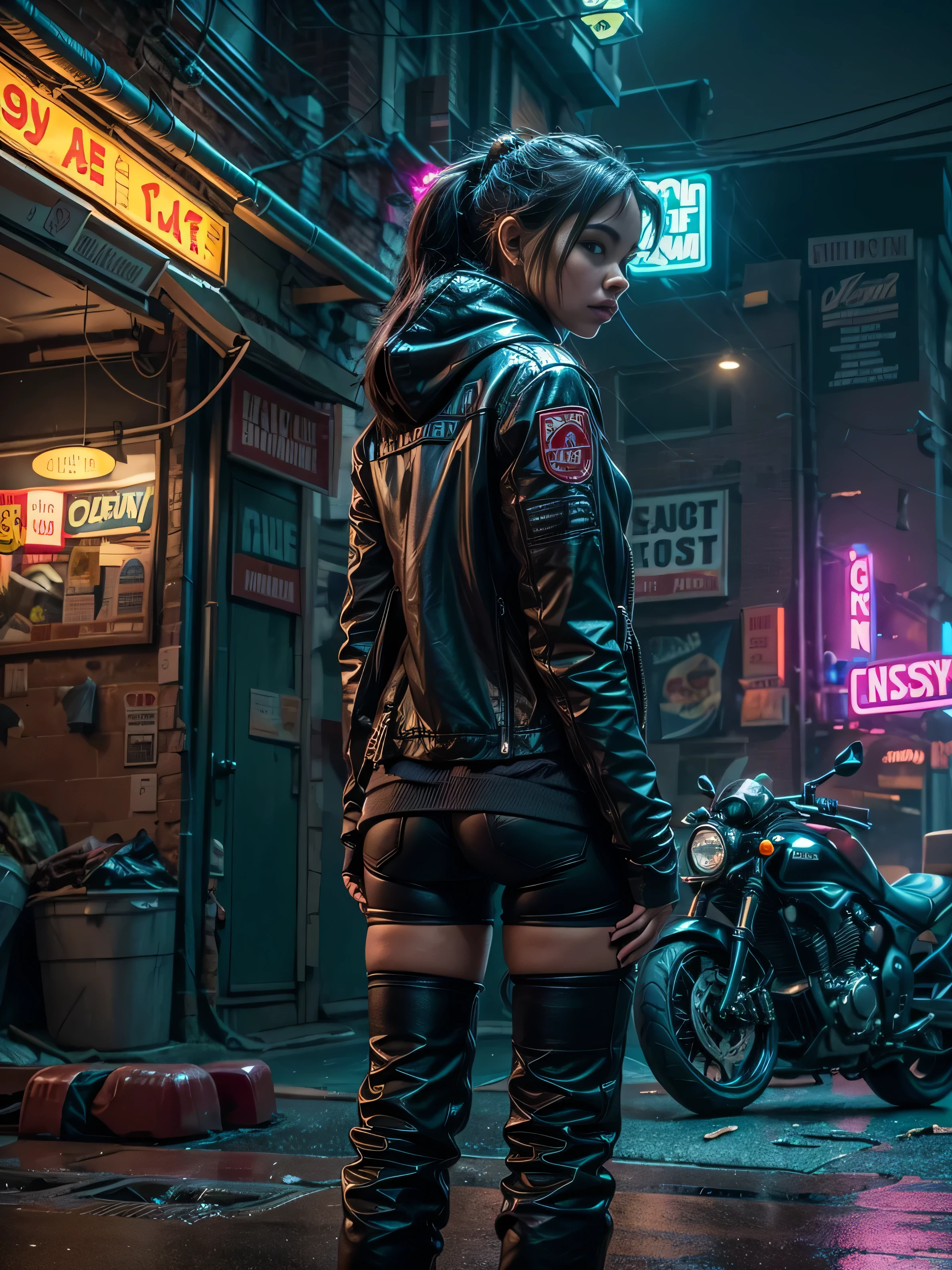 "Create a high-definition, ultra-detailed 3D rendering of a dystopian cyberpunk back alley set in the year 2527. The scene takes place at night during a mysterious, rainy atmosphere. In the foreground, prominently feature a motorcycle girl.(Looking away),(girl is far away), She should be positioned within a detailed, shadowy alley illuminated by vibrant neon signs. The neon lights should reflect off the wet pavement and cast dynamic shadows. The environment should emphasize a futuristic, gritty feel, with a strong sense of depth of field and a big-picture perspective. The scene should capture both the intricate details of the character and the dystopian surroundings." Girl is looking away, wearing scarf over her face