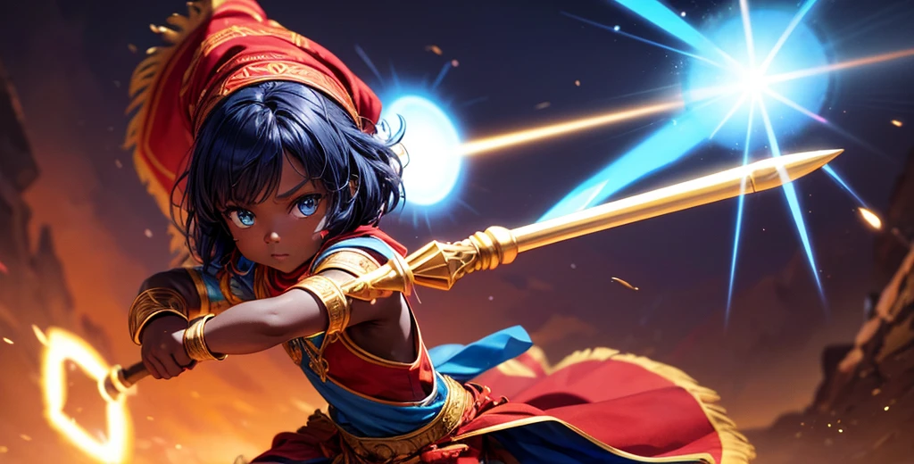 Pixar 3d Create an illustration of a young African child warrior with a powerful, confident stance. The child should have dark skin, wearing traditional African-inspired attire, including a red headscarf and a matching red tunic with golden accents. The warrior is holding a magical staff that emits bright blue lightning. The background should be simple, focusing attention on the child and the glowing blue energy surrounding the staff