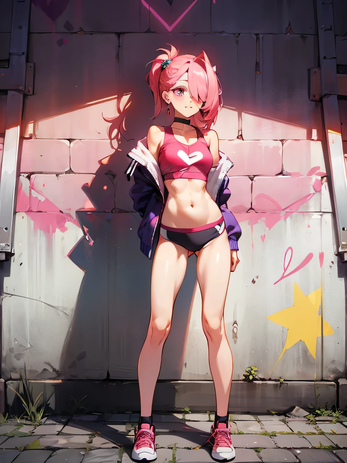 (solo),((medium breath)),long hair, pink hair, red head ornament, pink highlights, hair over one eye,purple eyes, earrings, sharp eyes, choker, neon shirt, open jacket, crop top, (symmetry eyes),(perfect symmetrical body),against wall, brick wall, graffiti, dim lighting, alley ,look at viewer, woman at a gym, cute, front Pose, fitness girl, standing, erect Pose, symetrical, fitness model, skinny, Red sneakers, best qualityer, relaxed arms, hands down, ankle, fullbody view, stand straight with your back upright. Keep your shoulders back and maintain a straight line from your head to your feet, symmetrical frontal view, face aligned, hearts hand pose