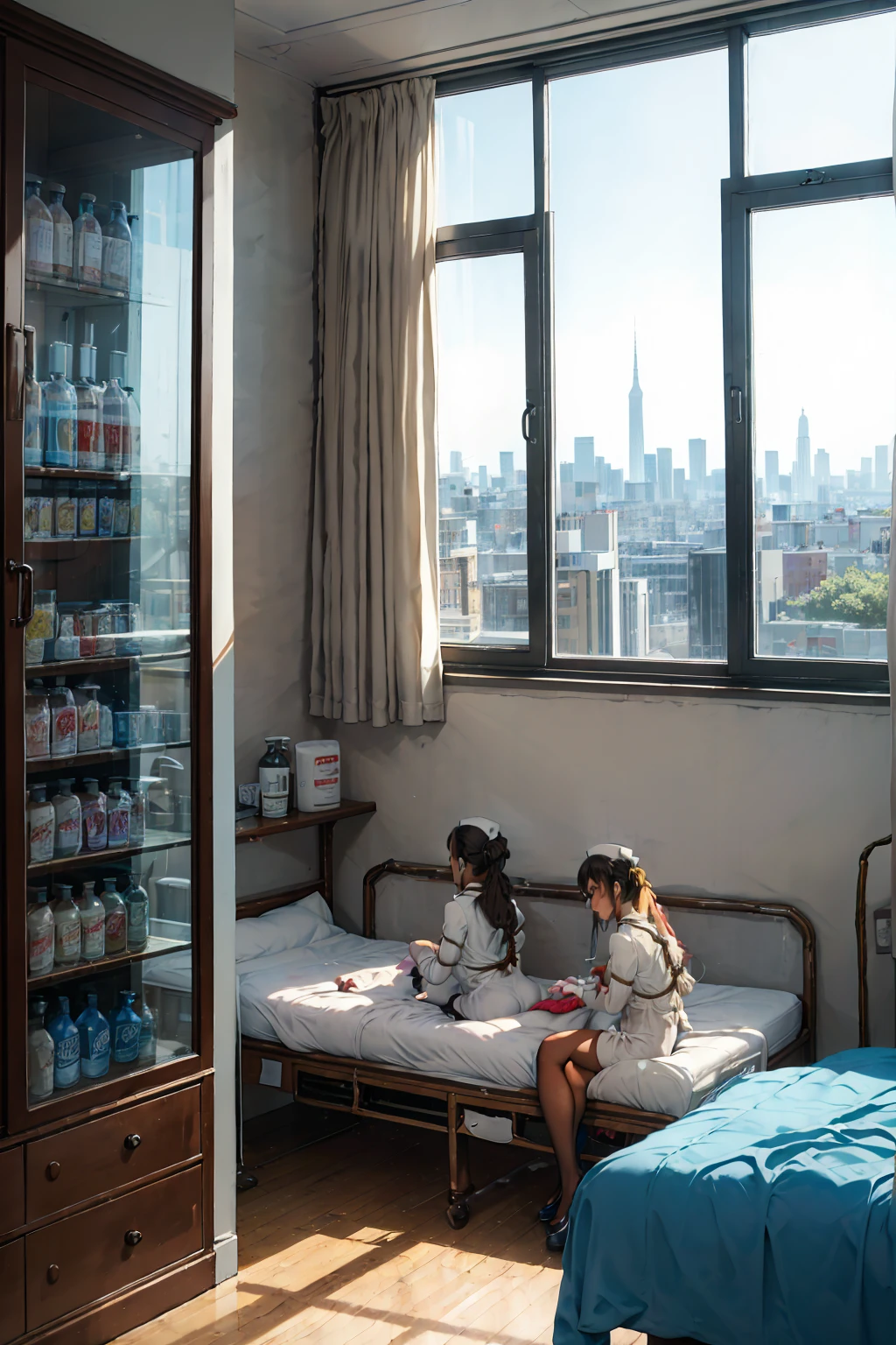 Hospital, Ward, Hospital Beds,There are medicine bottles in the glass cabinet,Display,( Large Windows), city View, ((whole body)),((2 girls)),(permanent ),((side by side)),((A girl facing forward)),((The other girl&#39;s body is facing backwards)), Nurse hat,OK,Shy laugh,((Huge breasts)),((Breast separation)),Arms behind your back,Tie arms with hemp rope,Hemp rope tied wrist,The wrists were hung behind the neck by a thin rope,Cross Earrings, Small waist, Great butt,((White nurse)),Jewelry,((White nurse服)),Black stilettos , huge breasts，Low-cut，Cleavage