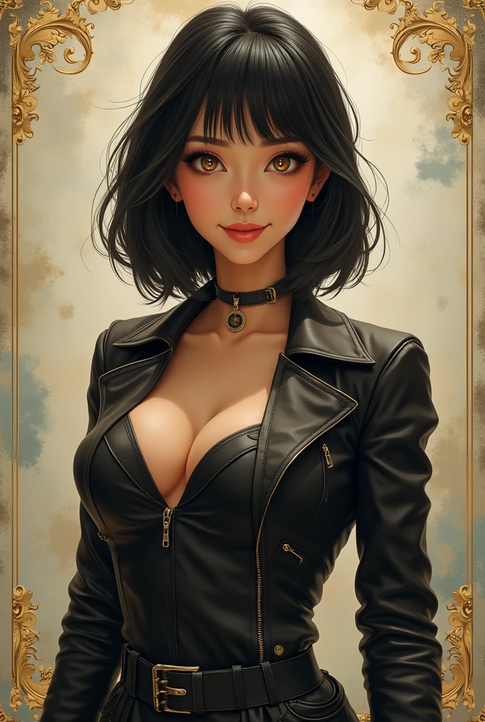 AGE: 2 Hair Color and Style: negro, Shoulder length bob cut Face: oval Height and Build: Tall and strong build Eye Color: Blue with yellow Clothes: Leather clothing for your Facial Expression and Posture practices: smiling, happy posture standing color: Artistic Style Porcelain: real